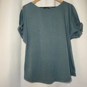 Colette Romey Cold Shoulder Knit Tee Womens L Teal Green Twist Cuff Flowy EUC
